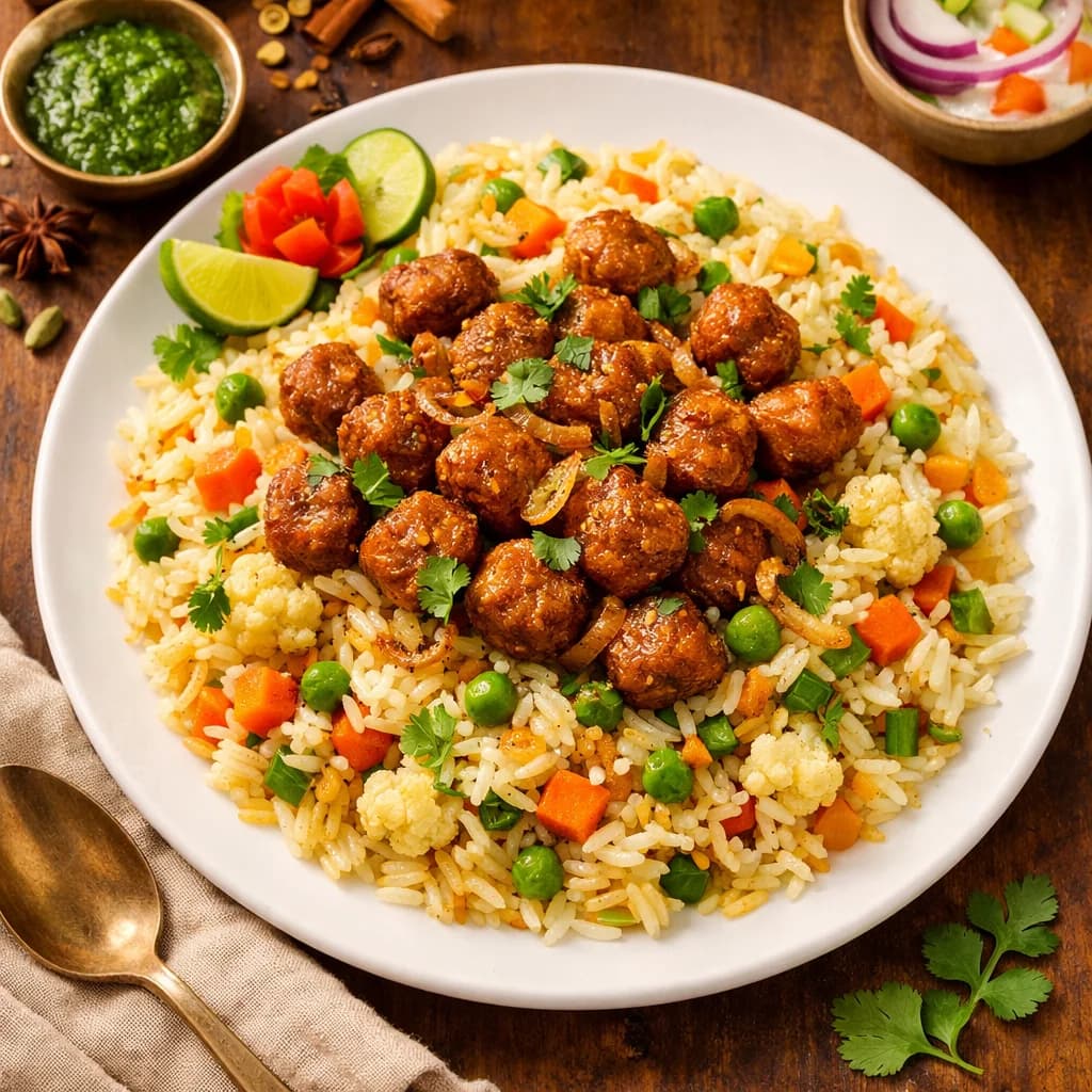 Fragrant Veggie Pilaf with Crispy Soy Chunks recipe