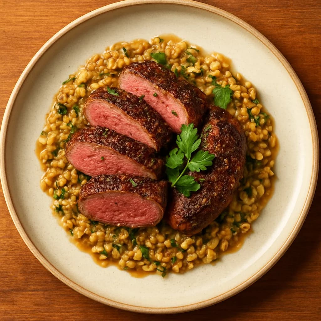 Glasgow Herb Seared Lamb with Oat Pilaf recipe