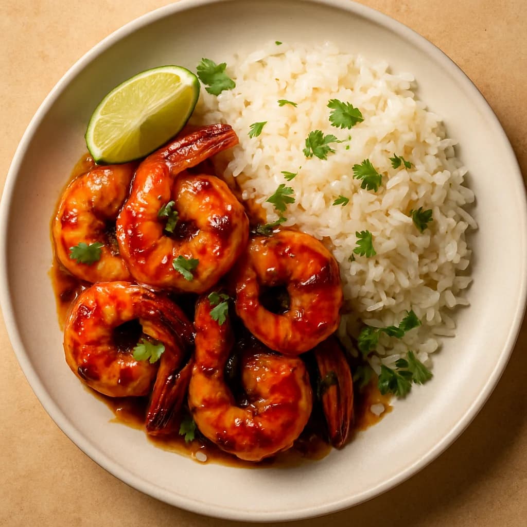 Glazed Tamarind Prawns with Coconut Rice recipe