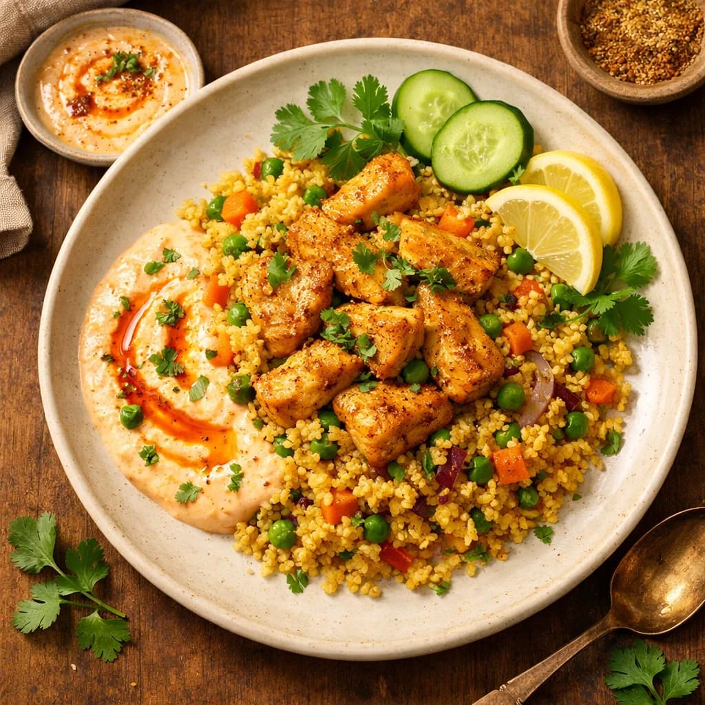 Gluten-Free Chicken Millet Pilaf with Spiced Yogurt Sauce recipe