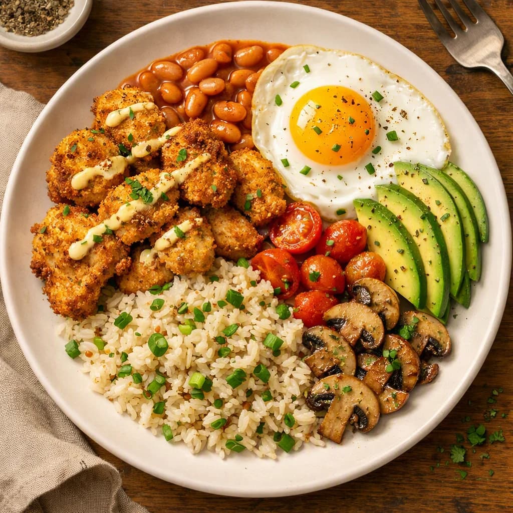 Golden Air Fried Chicken and Rice Breakfast Bowl recipe
