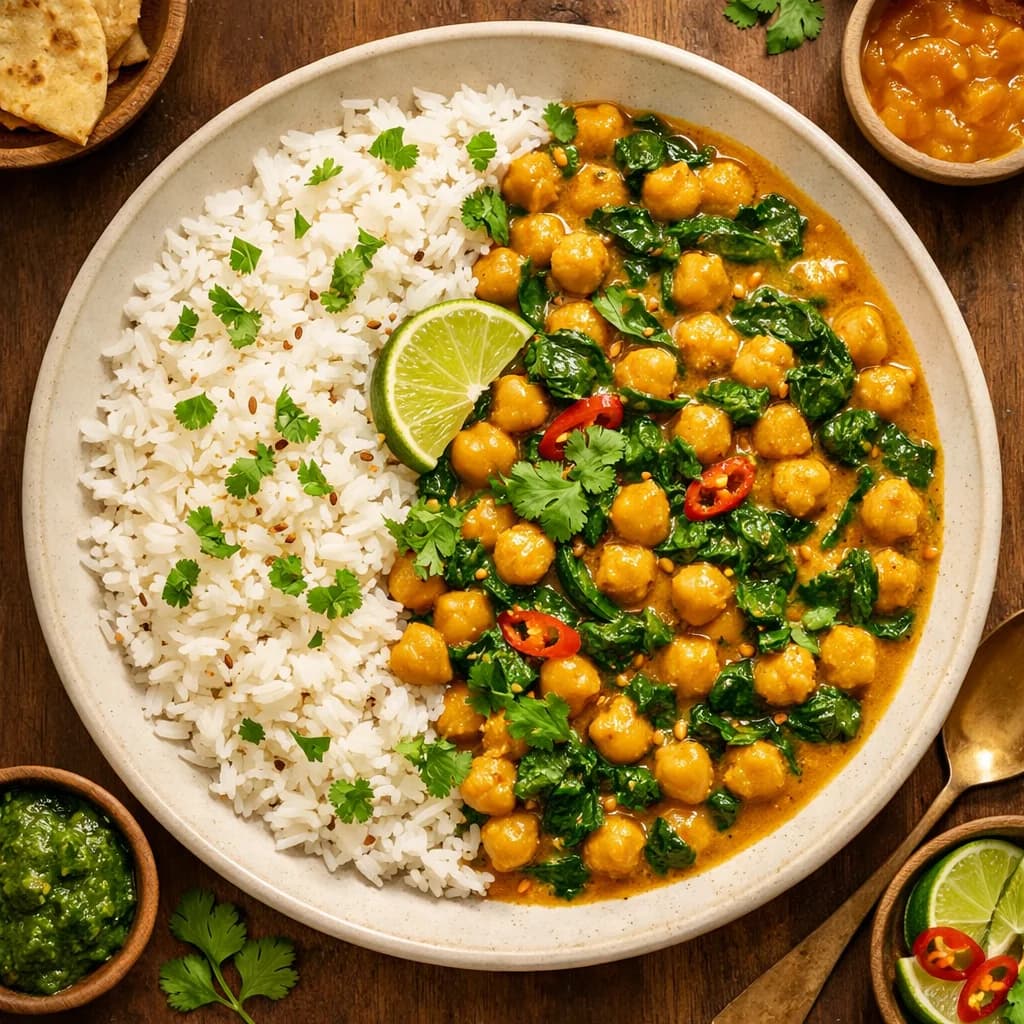 Golden Chickpea and Spinach Curry with Steamed Rice recipe