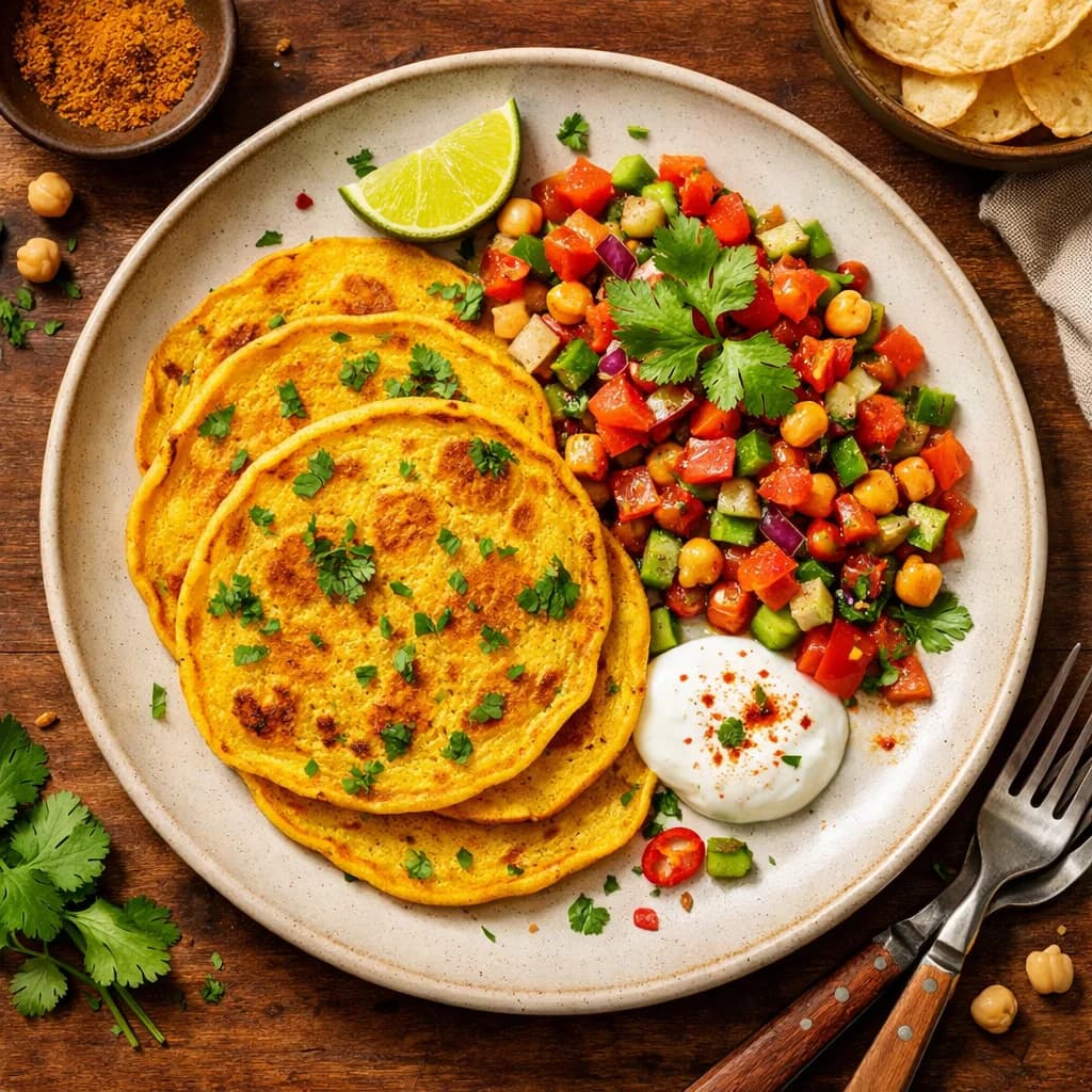 Golden Chickpea Flour Pancakes with Spicy Veggie Salsa recipe