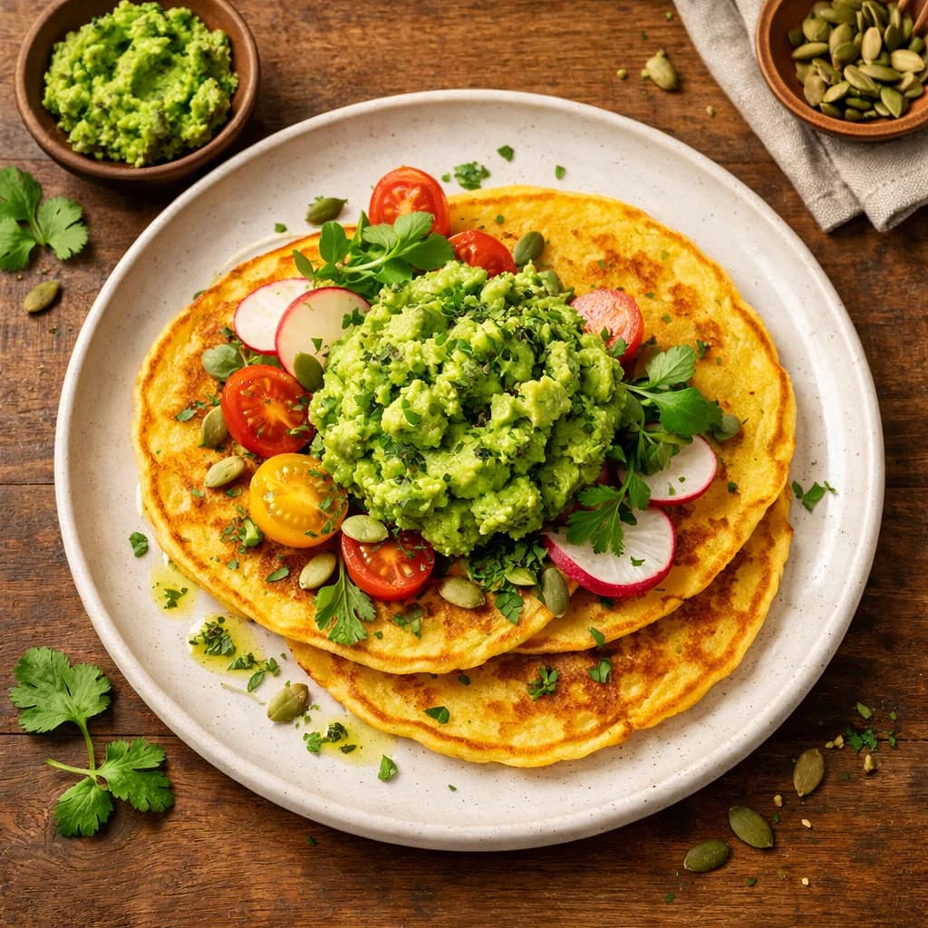 Golden Chickpea Pancakes with Herbed Avocado Mash recipe