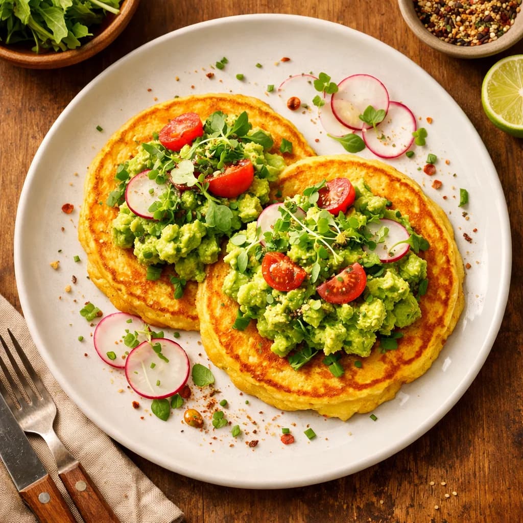 Golden Chickpea Pancakes with Herbed Avocado Smash recipe