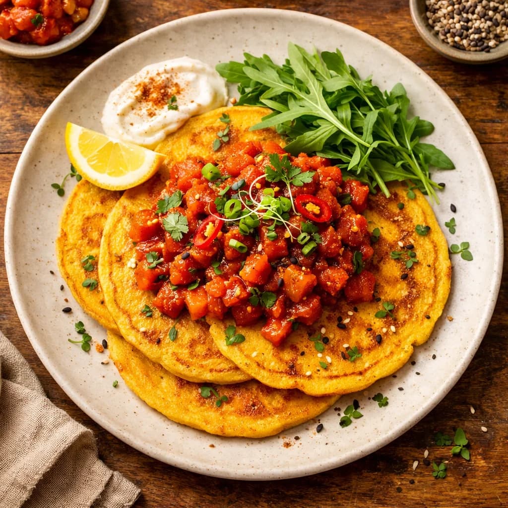 Golden Chickpea Pancakes with Spiced Tomato Relish recipe