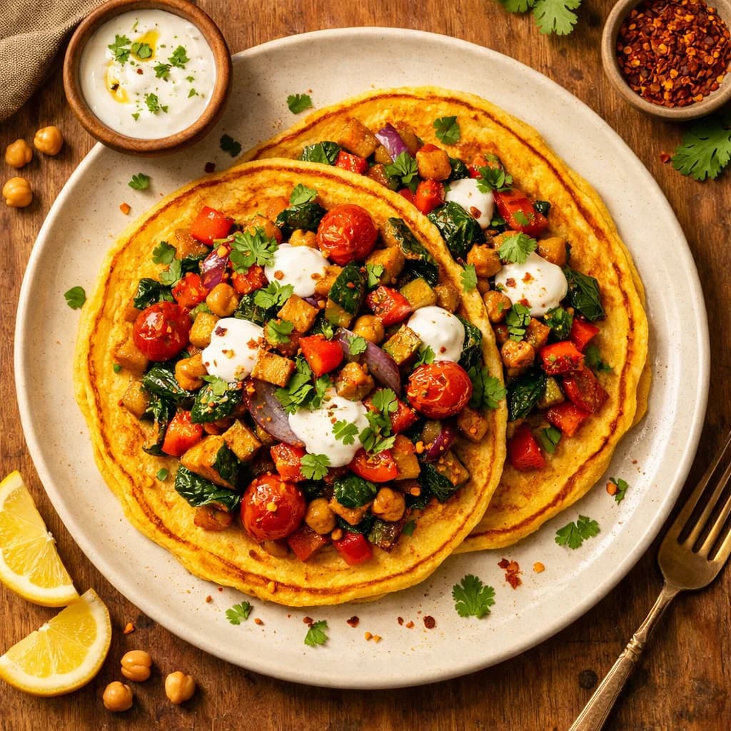 Golden Chickpea Pancakes with Spiced Veggie Topping recipe