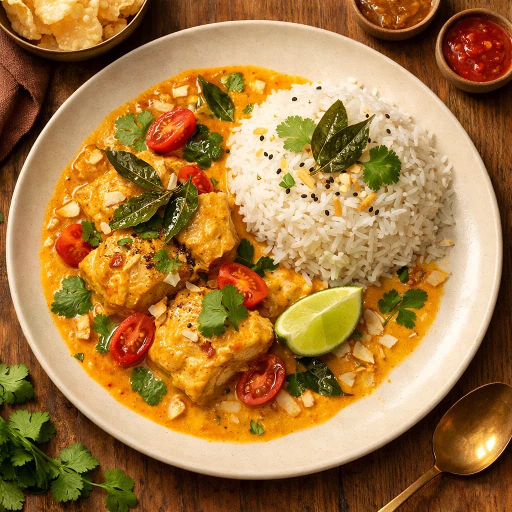 Golden Coconut Fish Curry with Steamed Rice recipe