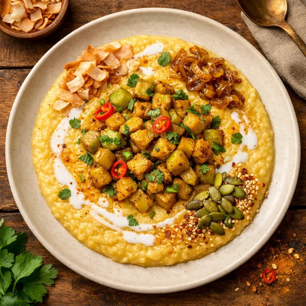 Golden Coconut Porridge with Spiced Chayote recipe