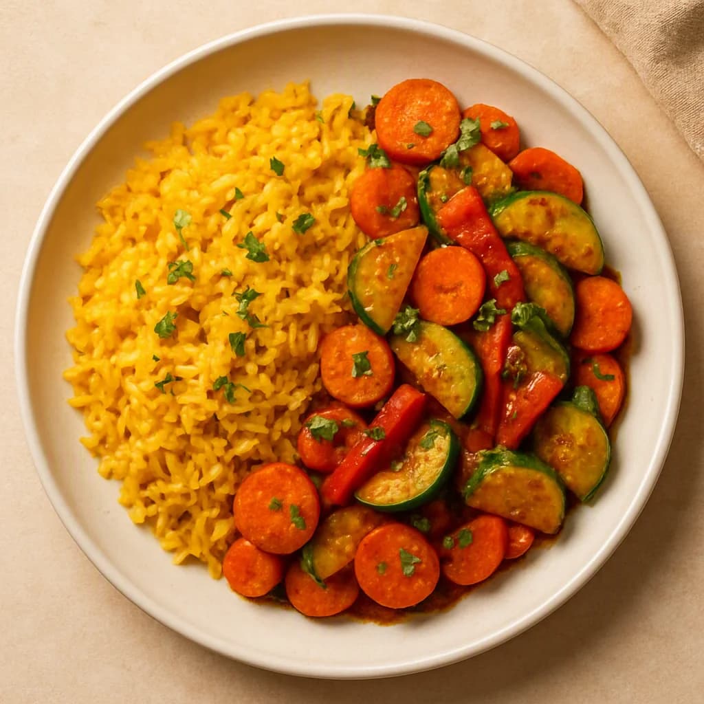Golden Coconut Rice with Spiced Vegetable Medley recipe