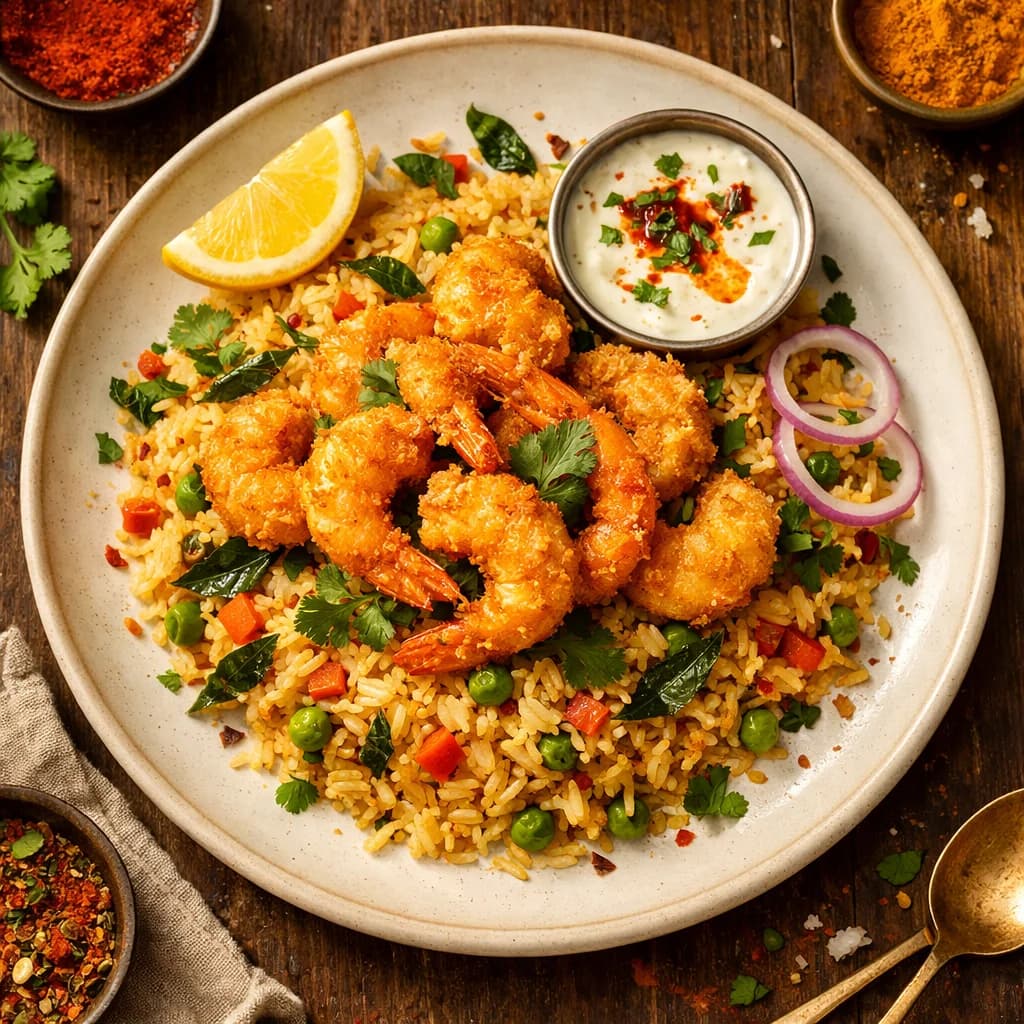 Golden Crispy Prawns with Spiced Rice recipe