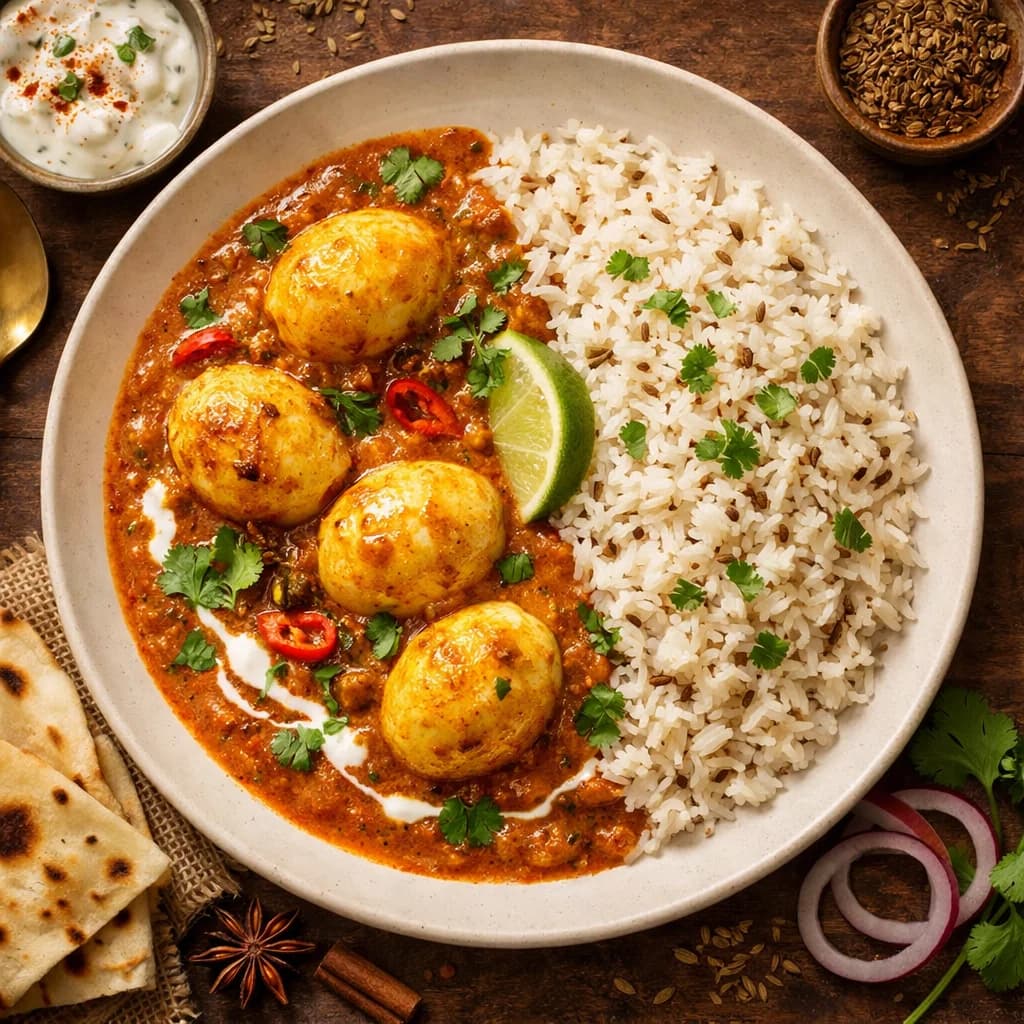Golden Egg Curry with Fragrant Jeera Rice recipe