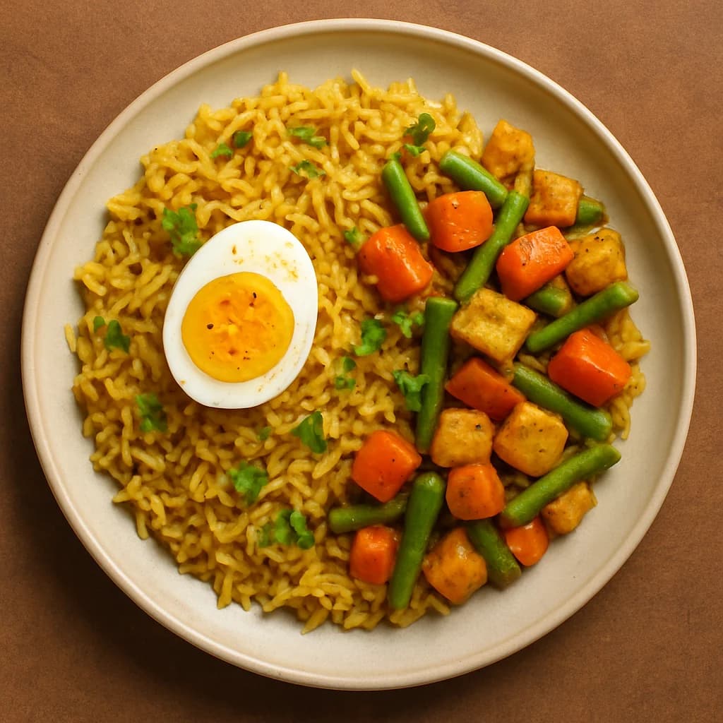 Golden Egg Pulao with Spiced Veggies recipe