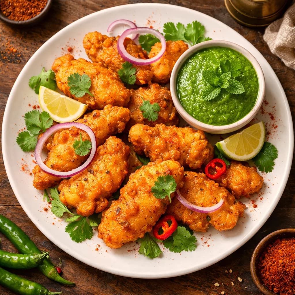 Golden Fish Pakoras with Mint Chutney recipe