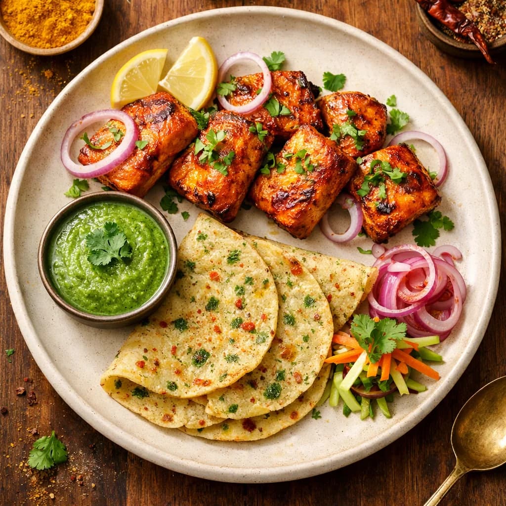 Golden Fish Tikka with Spiced Rice Flour Flatbread recipe