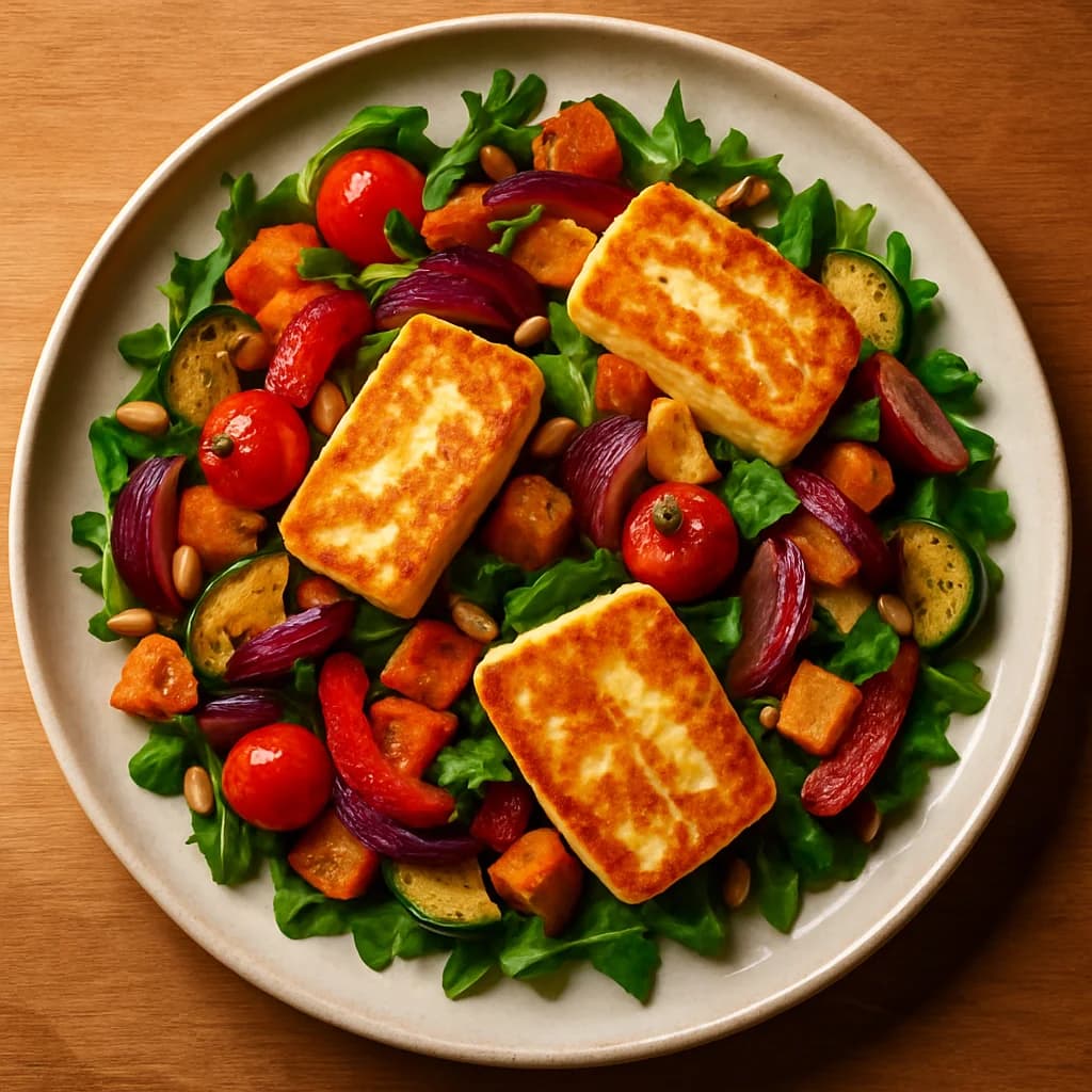 Golden Halloumi and Roasted Vegetable Salad recipe