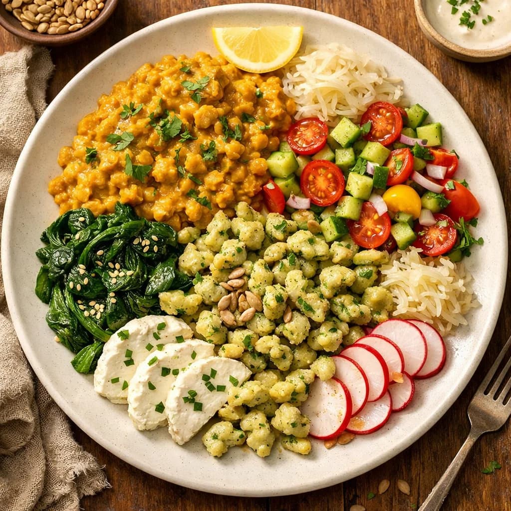 Golden Lentil and Herb Spaetzle Bowl recipe