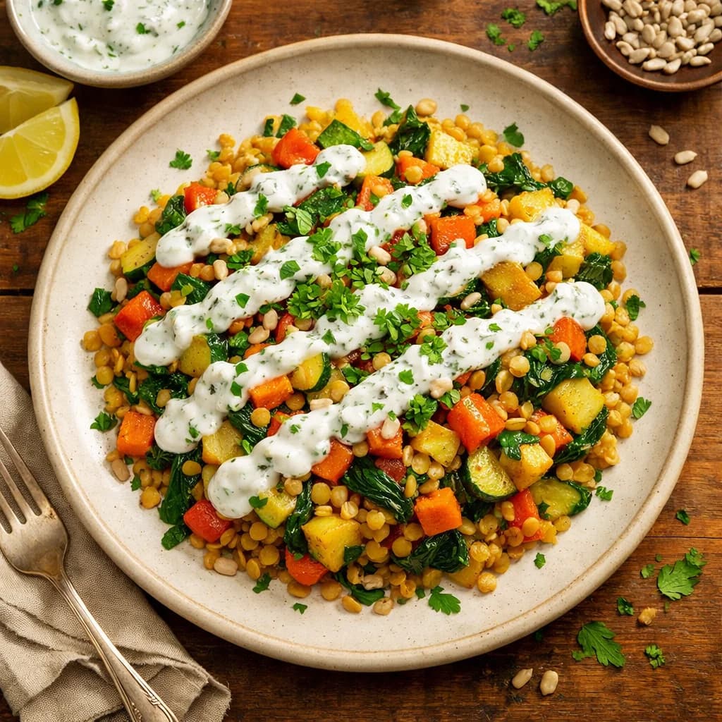 Golden Lentil and Vegetable Hash with Herb Yogurt Sauce recipe