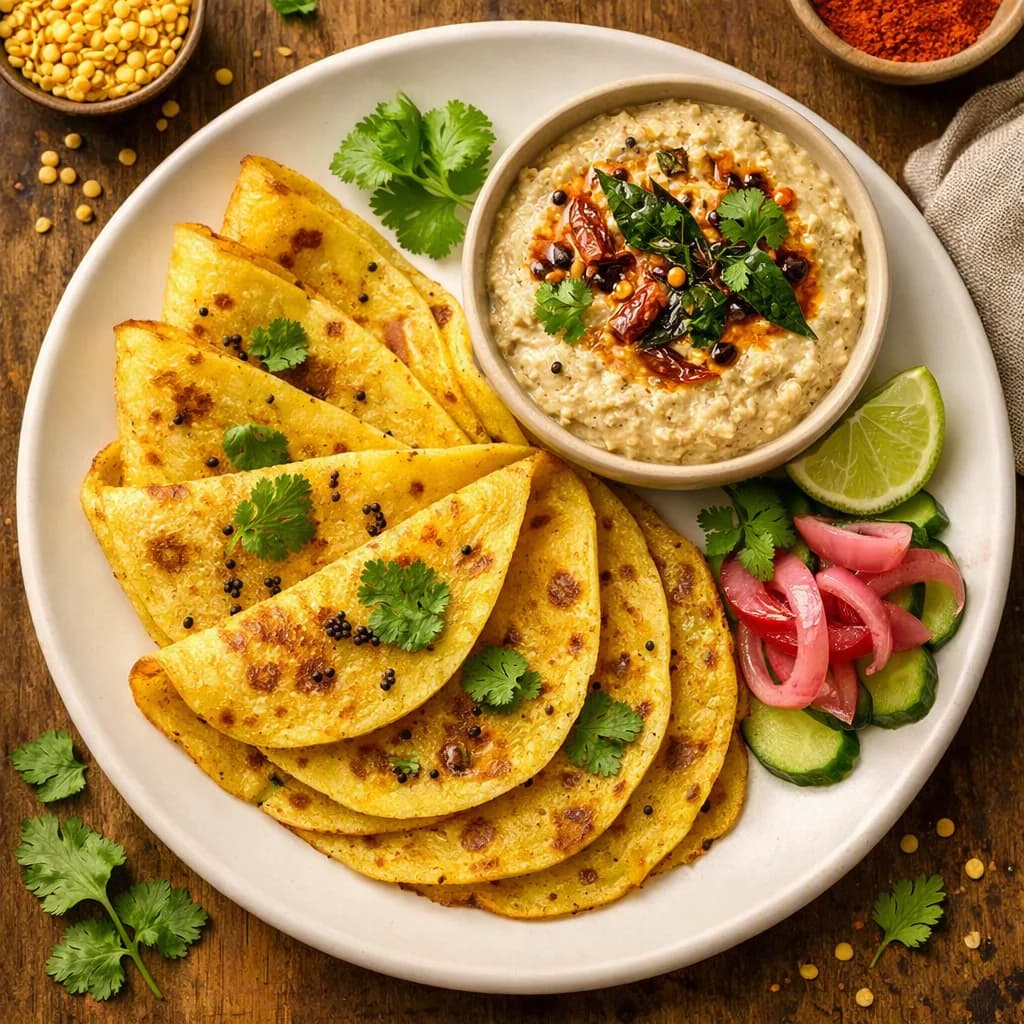 Golden Lentil Pancakes with Spiced Coconut Chutney recipe