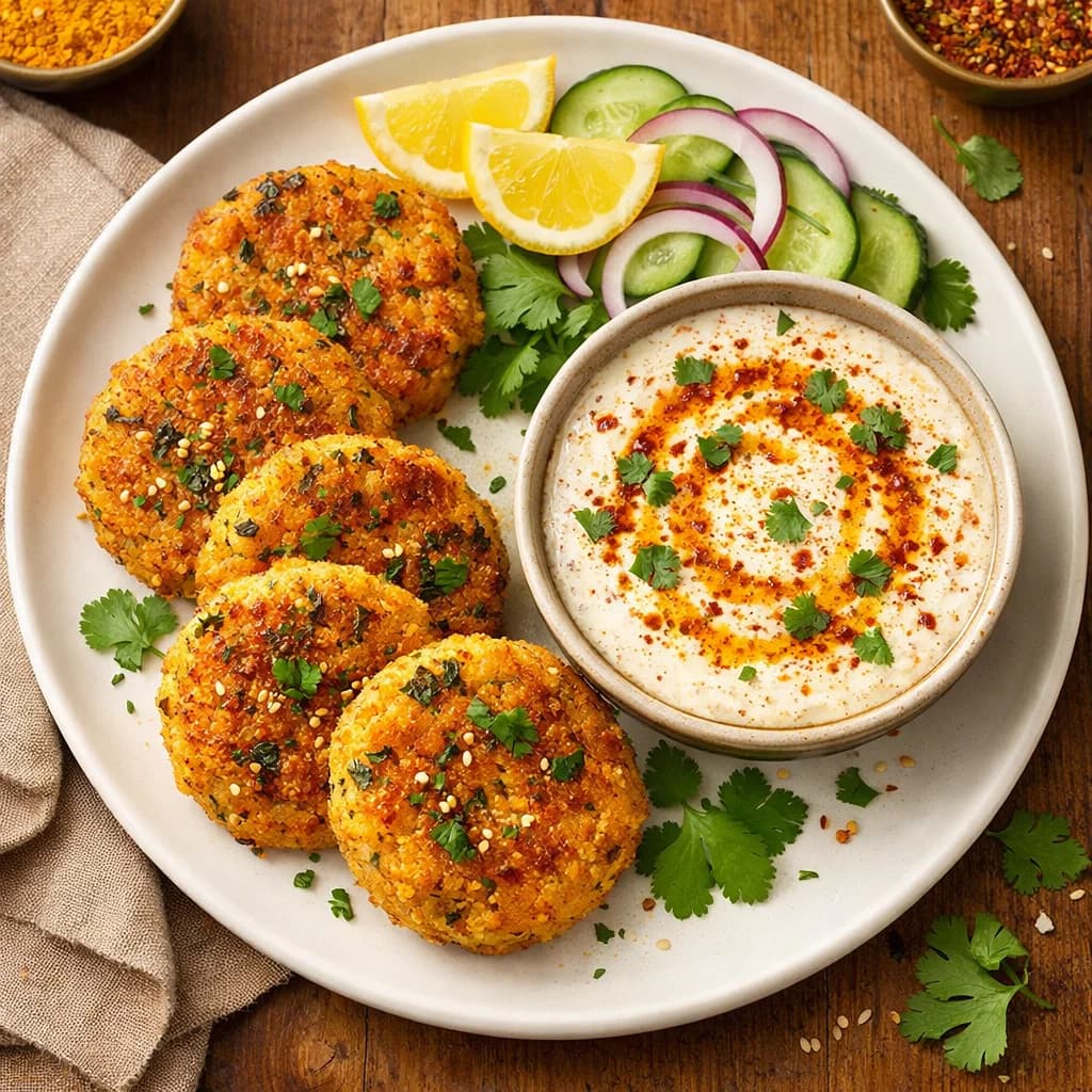 Golden Lentil Patties with Spiced Yogurt Dip recipe