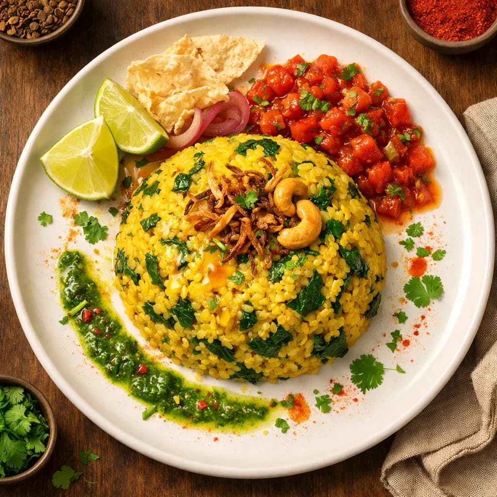 Golden Lentil and Spinach Khichdi with Spiced Tomato Relish recipe