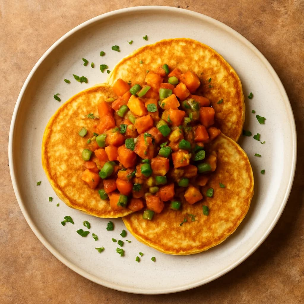 Golden Millet Pancakes with Spiced Veggie Topping recipe