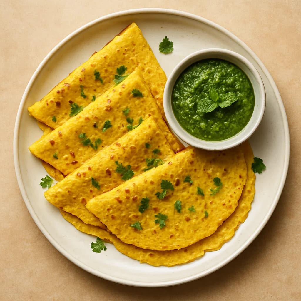 Golden Moong Dal Crepes with Fresh Mint Chutney recipe
