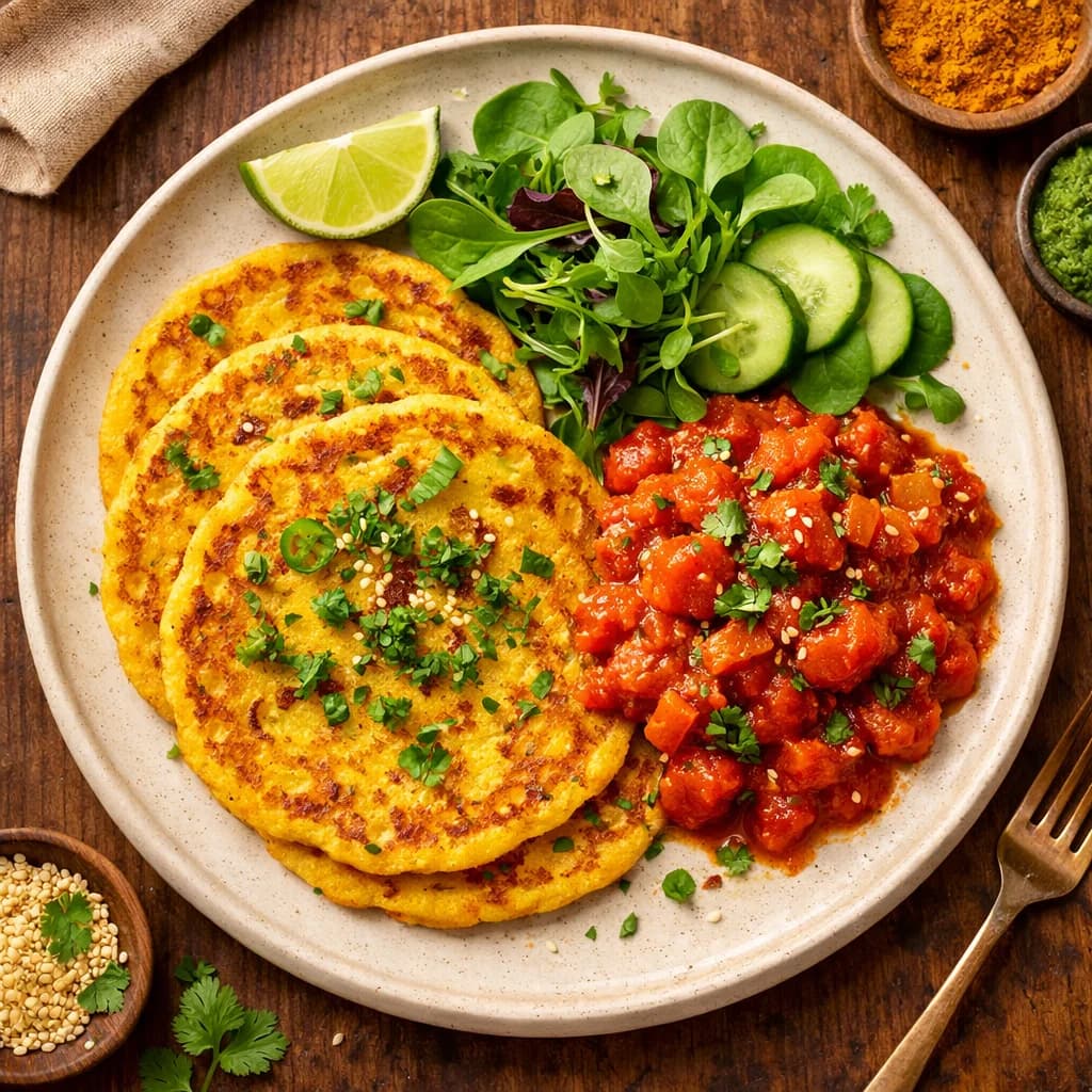 Golden Moong Dal Pancakes with Spiced Tomato Chutney recipe