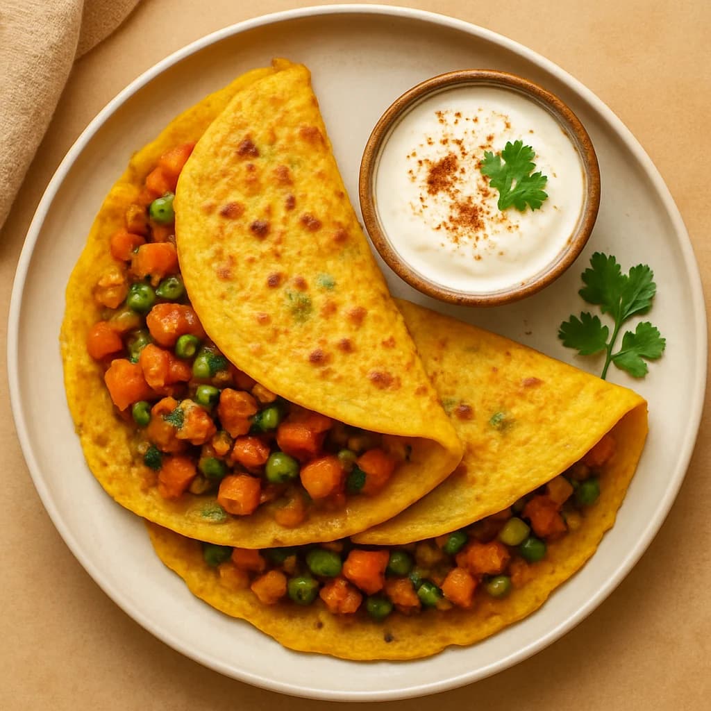 Golden Moong Dal Pancakes with Spiced Veggie Filling recipe