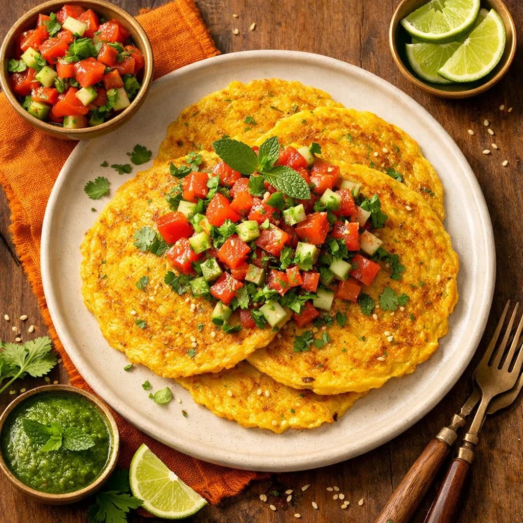 Golden Moong Dal Pancakes with Tomato Mint Salsa recipe
