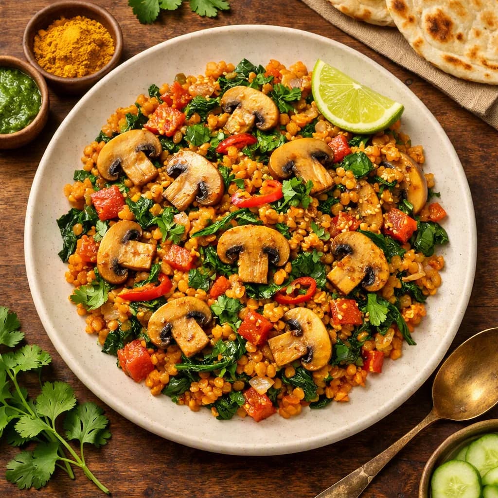 Golden Mushroom and Masoor Dal Stir Fry recipe