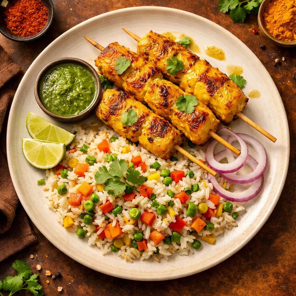 Golden Mustard Fish Kebabs with Zesty Veggie Rice recipe