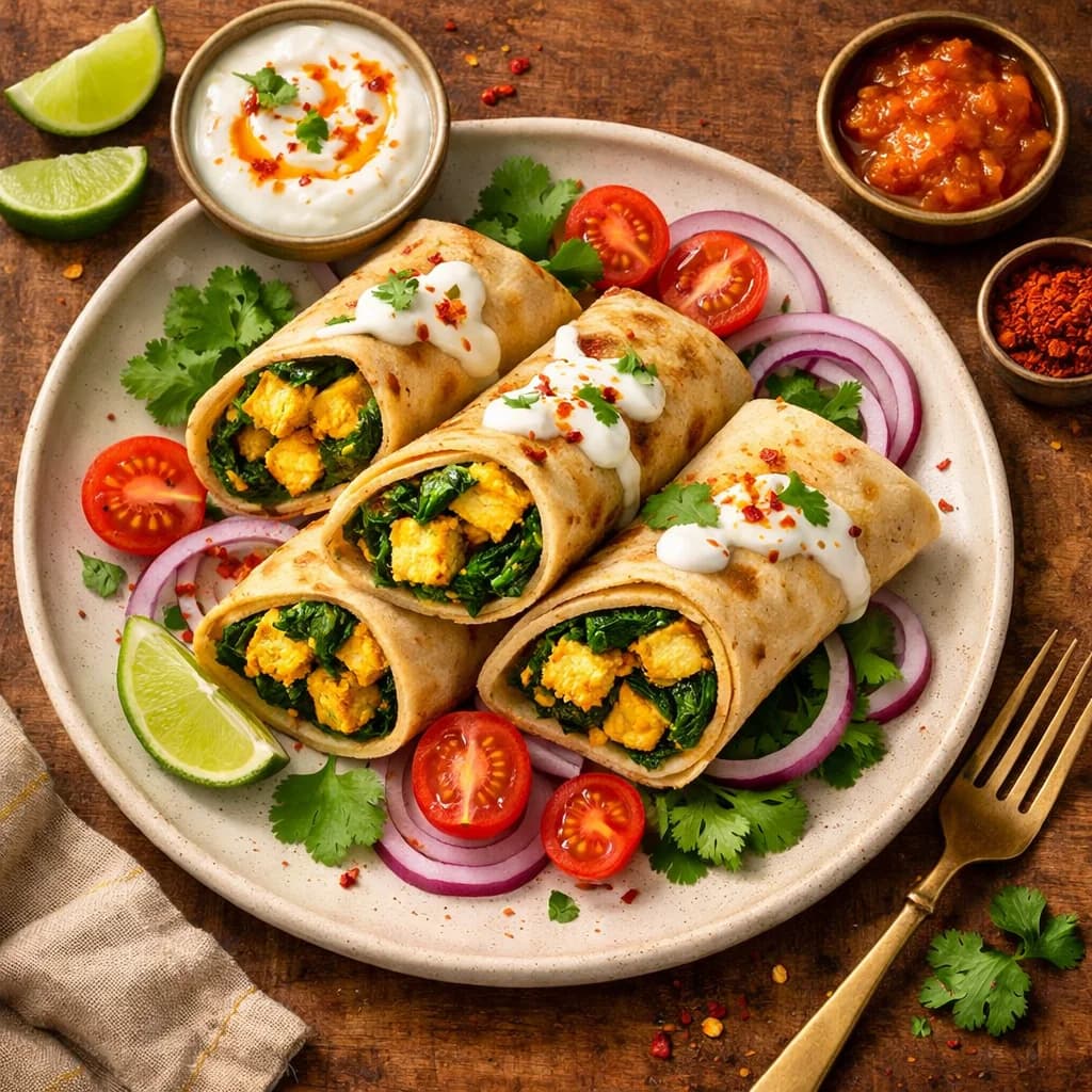 Golden Paneer and Spinach Breakfast Rolls recipe