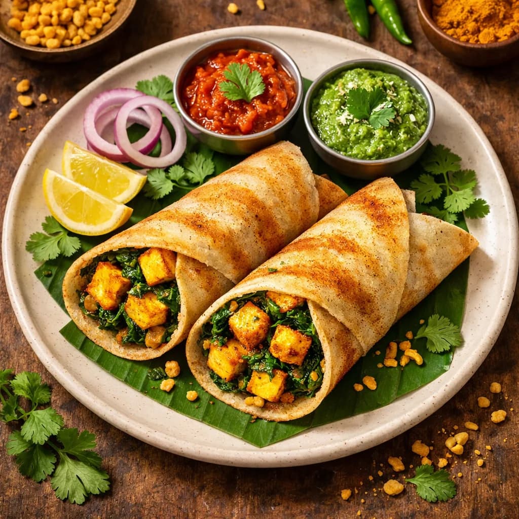 Golden Paneer and Spinach Dosa Wraps recipe