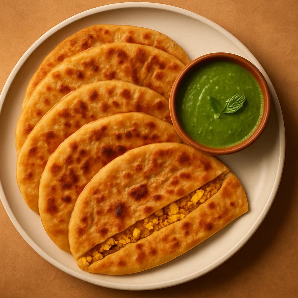Golden Paneer Stuffed Parathas with Mint Chutney recipe