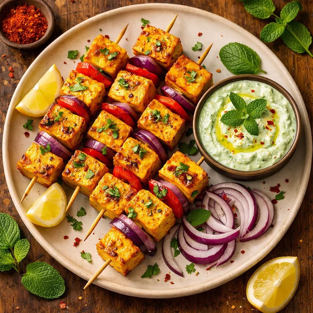 Golden Paneer Tikka Skewers with Mint Yogurt Dip recipe