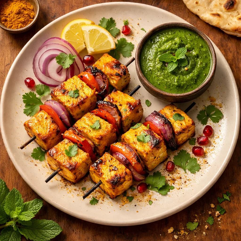 Golden Paneer Tikka with Mint Chutney recipe