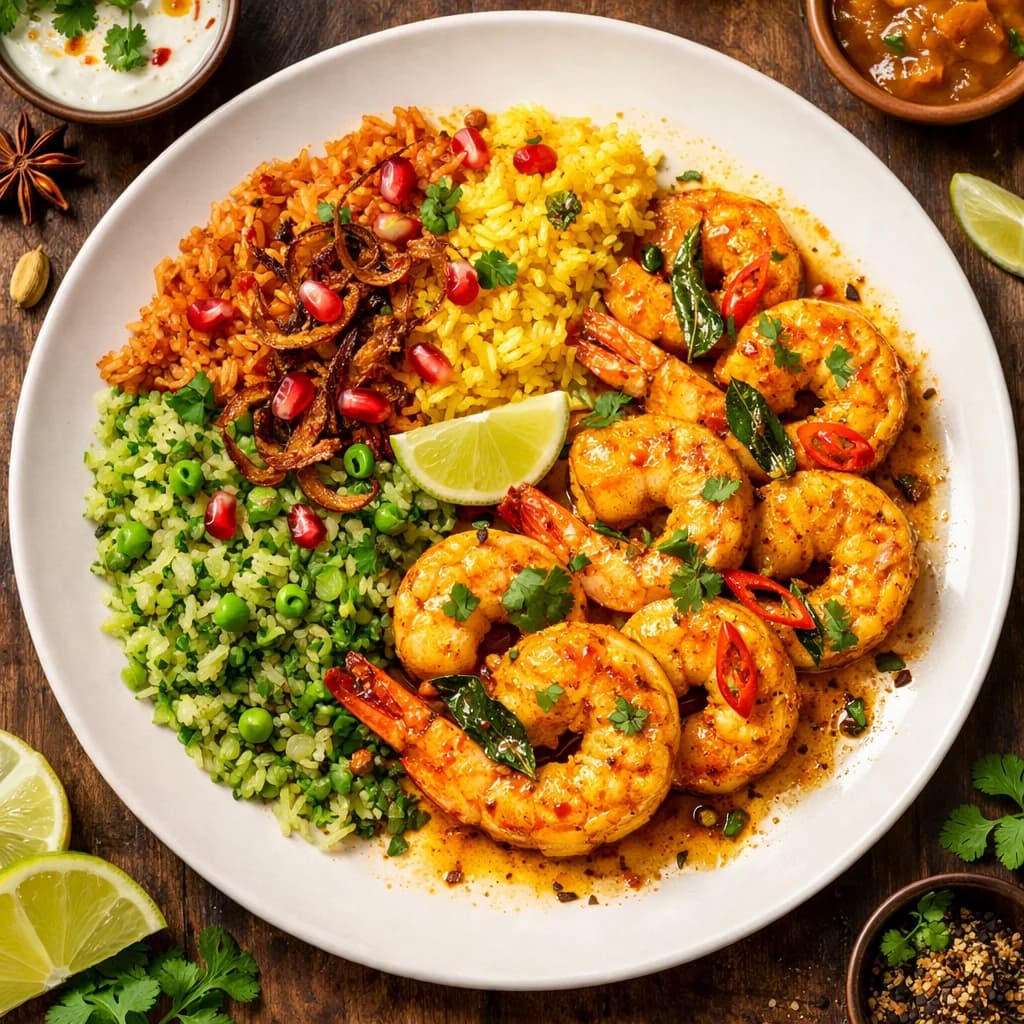 Golden Prawns with Masala Rice Medley recipe