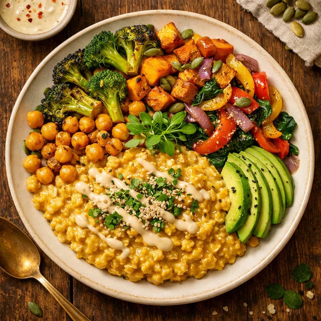 Golden Protein Oat Bowl with Spiced Veggies recipe