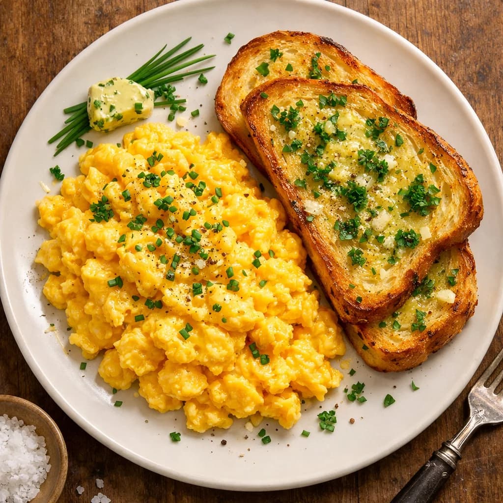 Golden Scrambled Eggs with Herb Butter Toast recipe