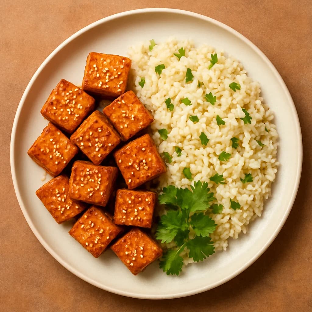Golden Sesame Tofu with Garlic Rice recipe