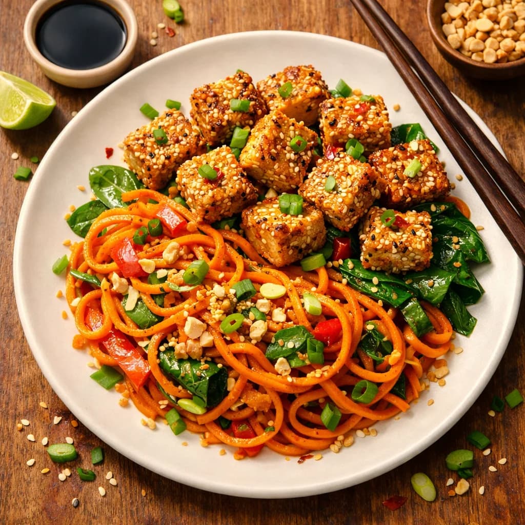 Golden Sesame Tofu with Sweet Potato Noodles recipe
