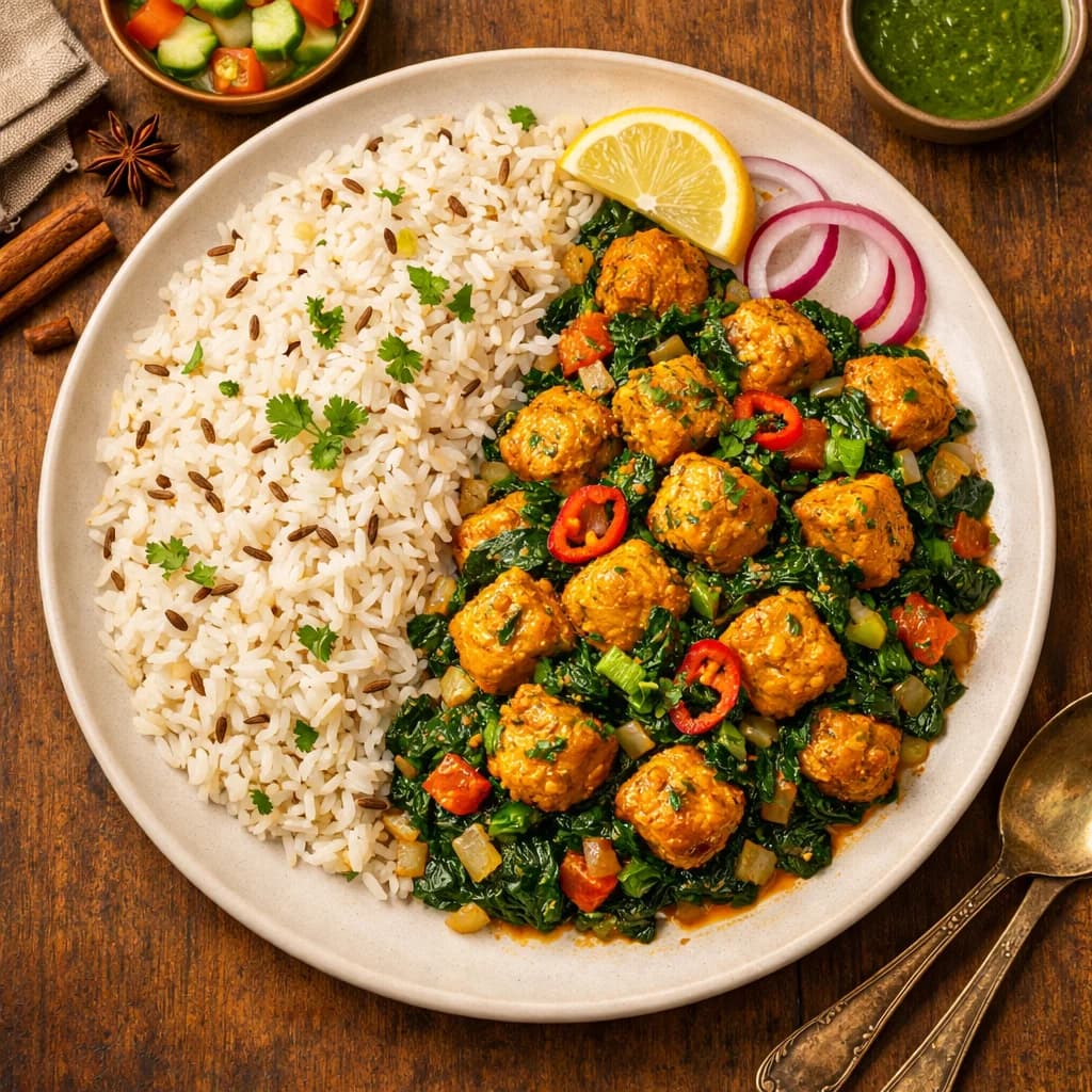 Golden Soy Chunk and Spinach Stir-Fry with Jeera Rice recipe