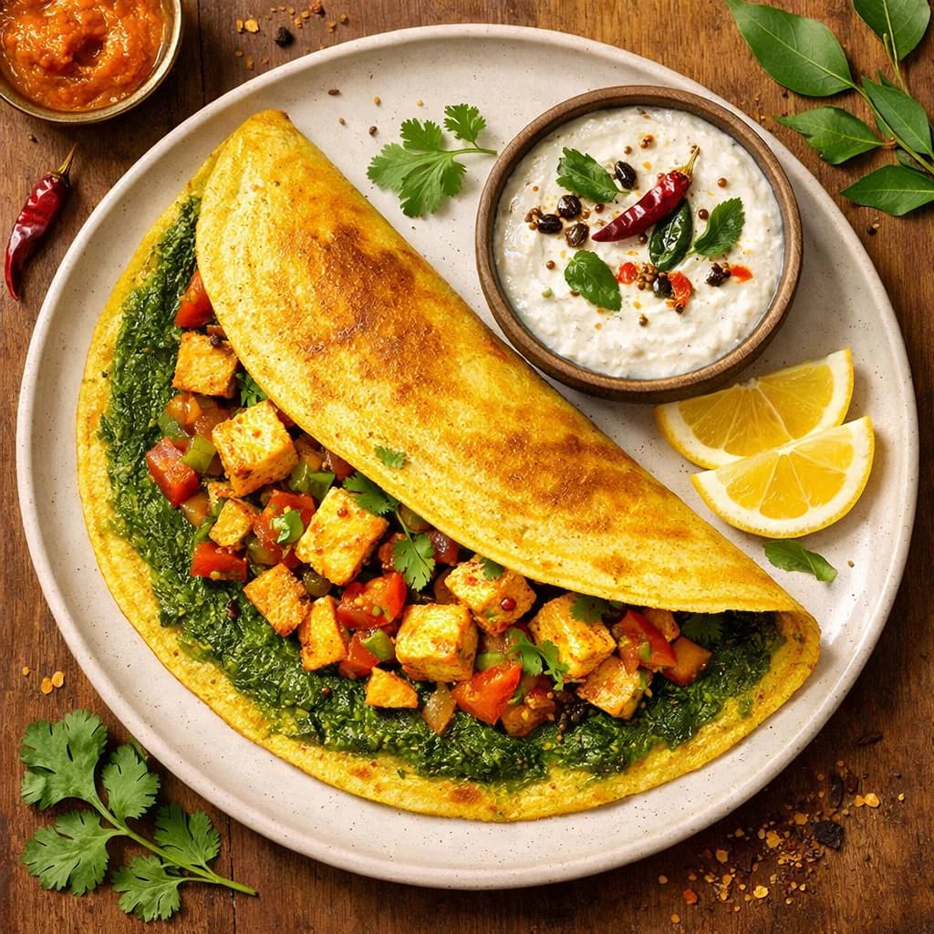 Golden Spinach Paneer Dosa with Coconut Chutney recipe