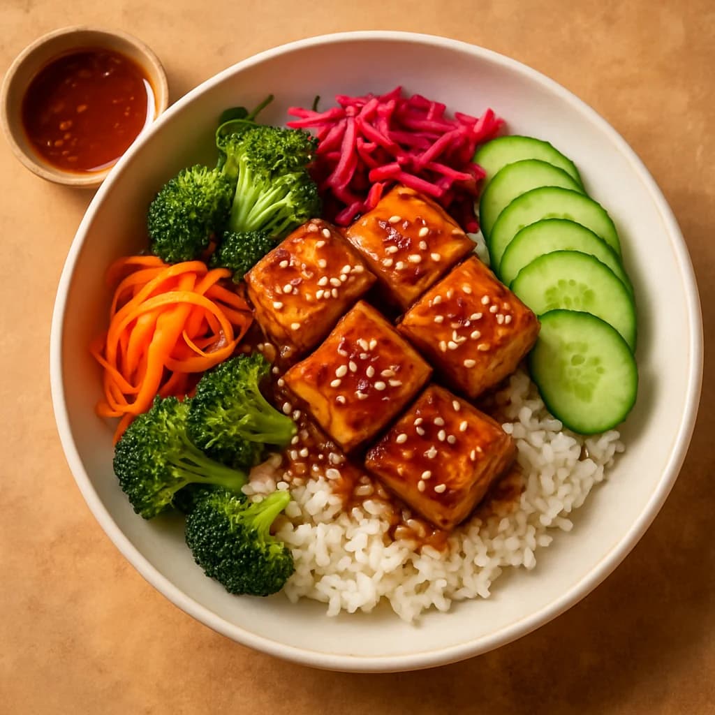 Golden Tofu Rice Bowl with Tangy Sesame Glaze recipe