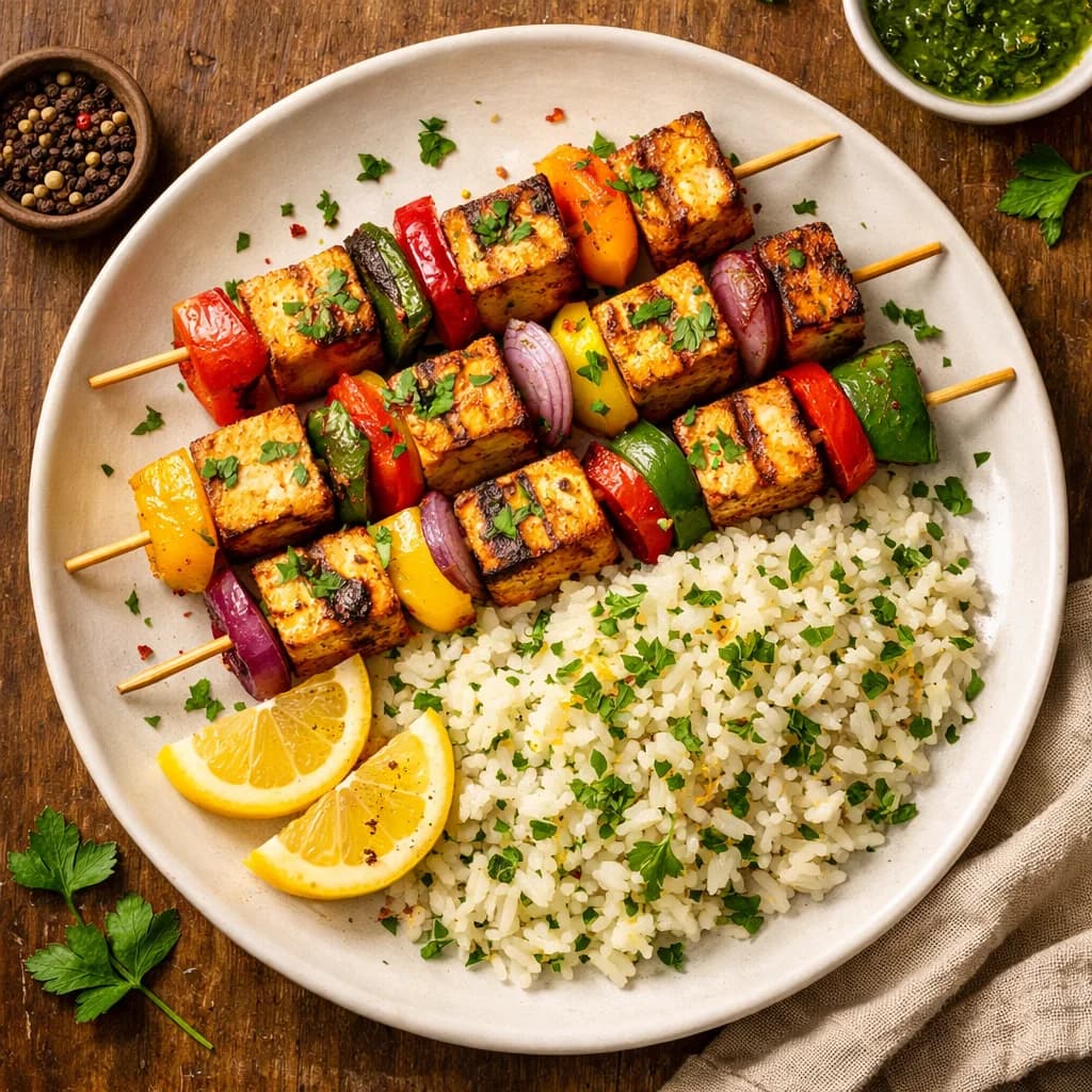 Grilled Tofu and Bell Pepper Skewers with Lemon Herb Rice recipe
