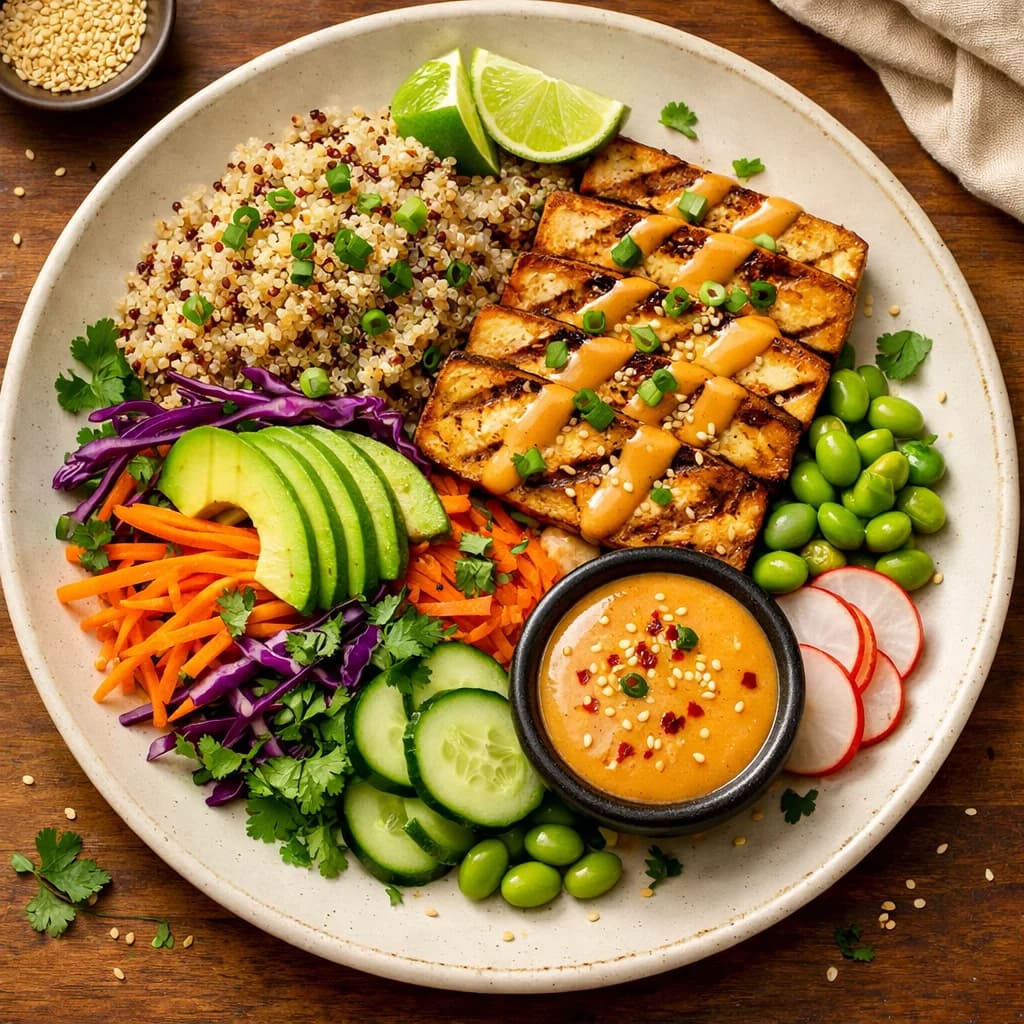 Grilled Tofu and Quinoa Bowl with Tangy Peanut-Free Sauce recipe