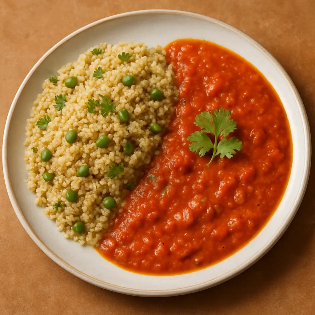 Gujarati Amaranth Pulao with Spiced Tomato Gravy recipe