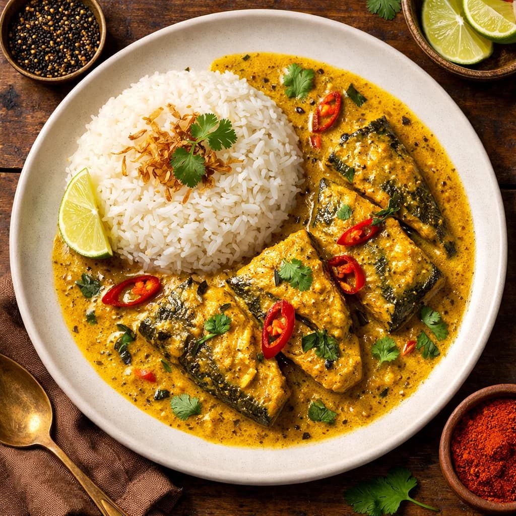 Halal Macha Besara Fish in Mustard Sauce with Steamed Rice recipe