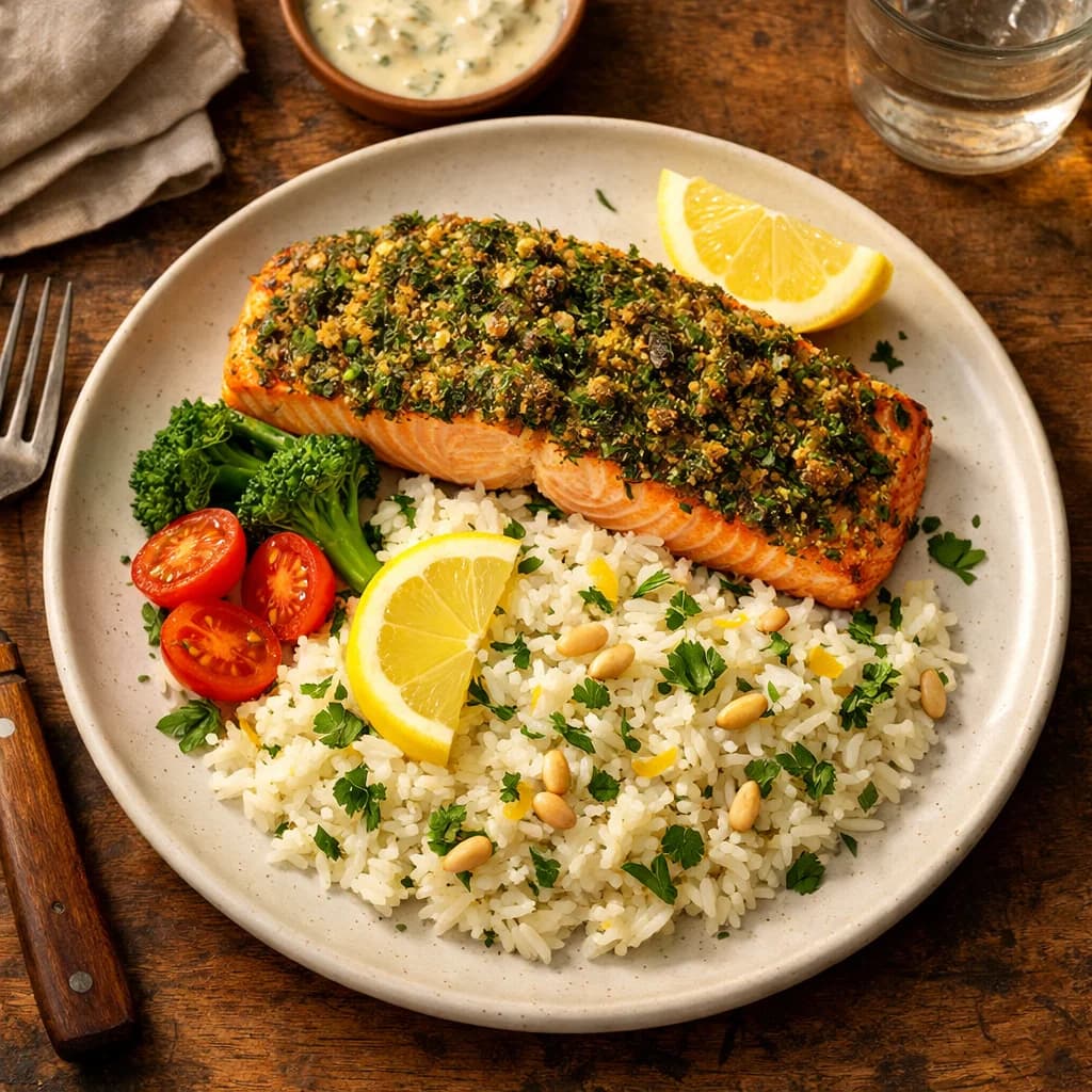 Herb Crusted Air Fried Salmon with Lemon Rice recipe